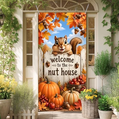 Fall Door Cover Halloween Thanksgiving Decor 35.4x70.8in, Welcome to The Nut House Squirrel Front Door Banner, Autumn Pumpkin Acorn Porch Sign for Outdoor Home Yard Decorations - Image 7