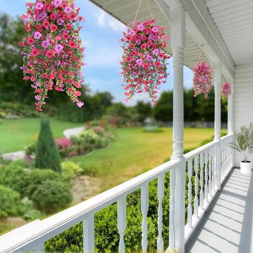 Artificial Fake Hanging Flowers Plants for Outdoor Outside Spring Summer Decoration 2PCS Faux Silk UV Resistant Realistic Mums Daisy with Eucalyptus for Home Porch Patio Balcony(Hot pink & Magenta) - Image 6