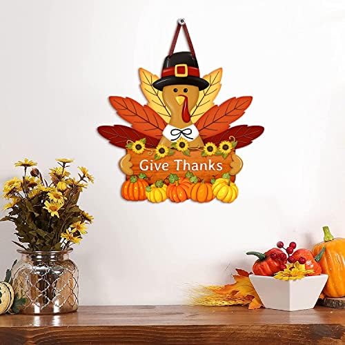 Thanksgiving Turkey Door Sign Decor, Wooden Wreath for Front Door Hanger, Yard Farmhouse Home Gobble Sign Give Thanks, Rustic Autumn Harvest Sunflowers Pumpkins Thanksgiving Party Decorations - Image 5