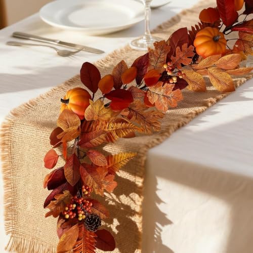 2 Pcs 6Ft Fall Garland with Lights Fall Decorations for Home, Fake Pumpkin Berry Autumn Maple Leaves Garland for Mantle Halloween Thanksgiving Harvest Party Fireplace, Fall Decor Porch Vines - Image 2