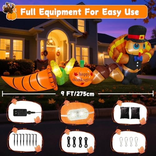 9FT Long Thanksgiving Inflatables Turkey Outdoor Decorations Blow Up Turkey Yard Inflatable with Pumpkin Corn Cornucopia Built-in LED Lights Thanksgiving Day Parade Fall Lawn Garden Outside Decor - Image 6