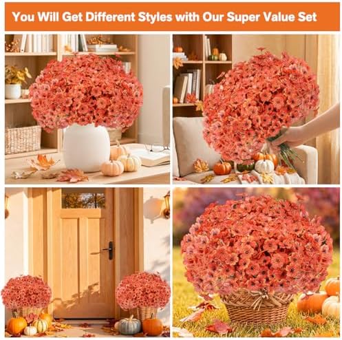 Powbrace 22 Pack Artificial Fall Flowers Mums for Outdoor Indoor(Orange) - Image 3