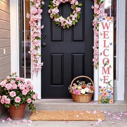 Hummingbird Welcome Sign for Front Door, Fall Porch Sign Tulip Flowers Outdoor Yard Sign Seasonal Tall Floral Welcome Porch Sign Wildflowers Wood Door Sign for Garden Patio Wall Home Decor - Image 3
