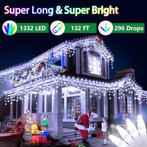 132FT 1332 LED Outdoor Christmas Lights - 296 Ice Drops, 12 Pro Modes - Image 2