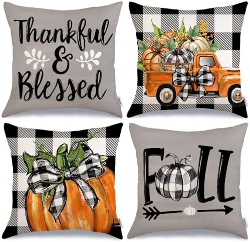 GEEORY Fall Decorative Throw Pillow Covers 18x18 Inch Set of 4, Pumpkins Thankful Blessed Buffalo Plaid Grey Fall Decor Outdoor Farmhouse Cushion Cases for Home G579-18 by GEEORY