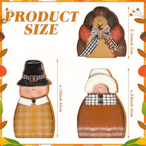 Colingmill 3 Pcs Thanksgiving Table Decor Wooden Turkey Pilgrim Couple - Image 3
