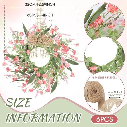6 PCS Artificial Spring Summer Swag Wreaths Mini Pink Forsythia Lavender Kitchen Cabinet Wreath Small Floral Hanging Flowers Wreaths for Front Door Wedding Farmhouse Porch Wall Window Tabletop Decor - Image 3