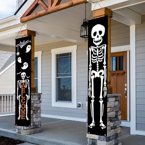 Halloween Banner Decorations Outdoor Indoor Happy Halloween Decor Trick or Treat Decorative Hanging Banners Porch Welcome Signs for Front Door Outside Yard Garland Party Supplies (Skeleton) by KENPMA