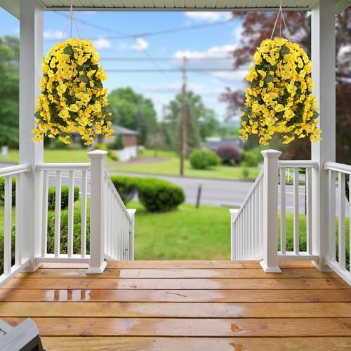 Sggvecsy Artificial Fake Hanging Flowers Plants for Outdoor Outside Spring Summer Decoration 4PCS Faux Silk UV Resistant Realistic Morning Glory Trailing Vines for Home Porch Patio Balcony(Yellow) - Image 5