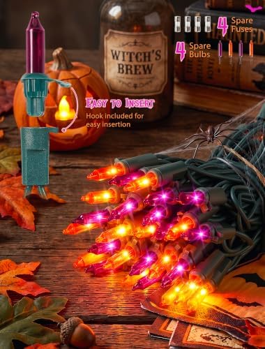 Hopolon Purple and Orange Halloween Lights,2PACK Total 100Count,Green Wire - Image 4