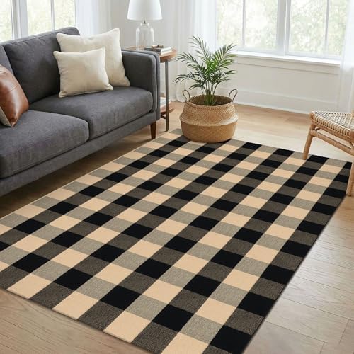KOZYFLY Buffalo Plaid Area Rug 4 x 6 Ft Brown and Black Checkered Rug - Image 3