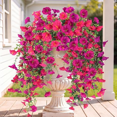 Artificial Fake Hanging Flowers Plants for Outdoor Outside Spring Summer Decoration 2PCS Faux Silk UV Resistant Realistic Morning Glory with Eucalyptus for Home Porch Patio Balcony(Magenta & Hot pink) by Sggvecsy