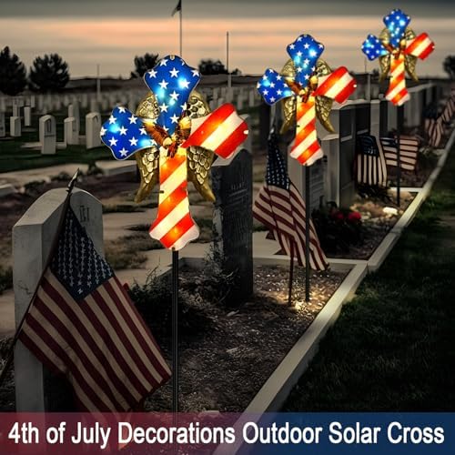 4th of July Decorations Outdoor,Solar Cross for Cemetery Grave Yard Decor | Cemetery Decorations Garden Stakes,Patriotic Eagle Cross Solar Lights Outdoor Pathway,Lawn,National Day Remembrance Gifts - Image 4
