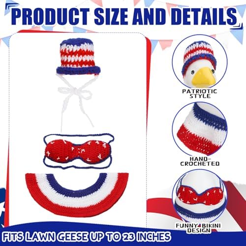 Abbylike 4th of July Bikini Porch Goose Outfit Patriotic Crochet Clothes Red White Blue Geese Summer Costume Fits 23'' Cement Statue for Independence Day Lawn 250th Outdoor Patio Art Decor - Image 2