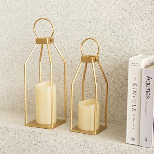 Perfnique Modern Farmhouse Lantern Decor, 15'' 12.6'' Set of 2 Gold Metal Lanterns, 2 LED 6hr Timer Flameless Candles ＆ Remote Timer, Lanterns Decorative for Outdoor, Porch, Fireplace, Patio - Image 2