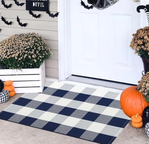 Fall Front Door Mat Outdoor 24"x35"Blue and White Buffalo Plaid Outdoor Rug - Image 6