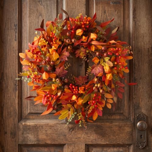 24 inch Berry Branches Fall Wreath for Front Door with Colorful Leaves - Image 6