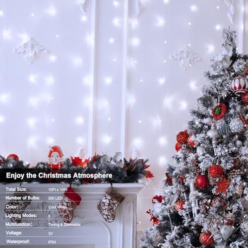 echosari 9.8Ft×9.8ft Curtain Lights Battery Operated with Remote Cool White - Image 6