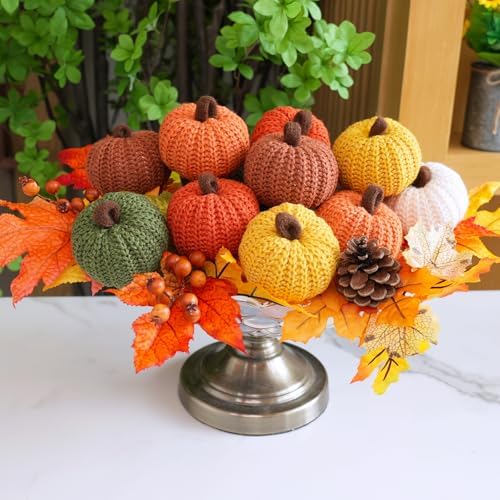 Winlyn Set of 12 Faux Fall Harvest Crochet Pumpkins Small Knit Pumpkins in Orange Yellow Green Brown Cream Rustic Farmhouse Pumpkins Foam Pumpkins for Thanksgiving Halloween Autumn Mantel Table Décor - Image 6
