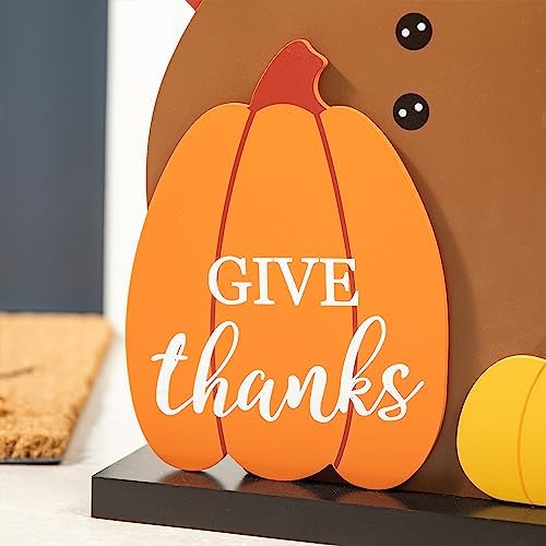 Glitzhome 31”H Thanksgiving Wooden Turkey Porch Sign, Fall Harvest Turkey Give Thanks Standing Decor, Rustic Welcome Sign Porch Sign for Thanksgiving Fall Harvest Autumn Yard Sign - Image 5