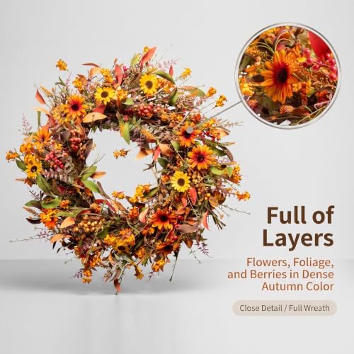 JINGHONG 24 Inch Fall Wreaths for Front Door, Artificial Autumn Wreath with Sunflowers, Berries and Leaves, Thanksgiving Harvest Wreath for Porch Wall Window Fireplace Farmhouse Home Decor - Image 4