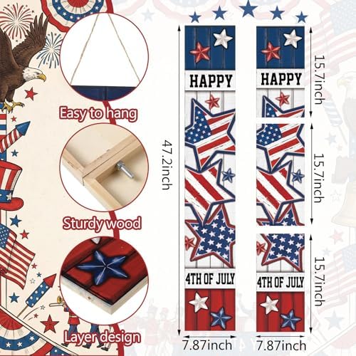 Threehoney 47" Large 4th of July Front Porch Sign Patriotic Wooden Vertical Door Sign with American Flag Colors Red White Blue Outdoor Decor for Independence Day 250th Anniversary Home Entryway - Image 3