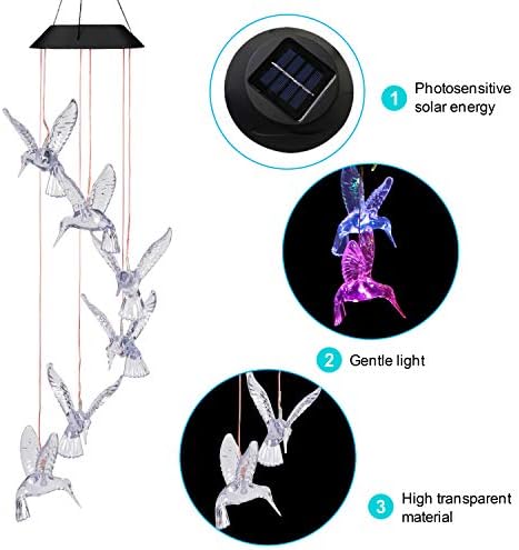Solar Hummingbird Wind Chimes Outdoor-Waterproof Solar Powered LED Changing Light Color Hummingbirds Mobile Romantic Wind Chime for Mom Gifts, Home,Party,Festival,Night Garden Decoration(Blackboard) - Image 2
