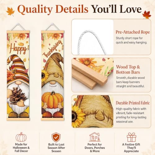 Happy Thanksgiving Gnome Door Banner Set of 2, Pumpkin Porch Decor for Home - Image 3