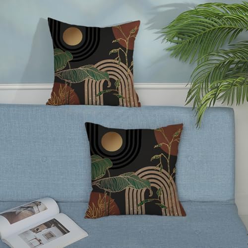 Boho Pillow Covers 18x18 Set of 2 Grey Rust Brown Mid Century Throw Pillows Outdoor Gold Green Leaf Tropical Decorative Pillowcase Bohemian Abstract Farmhouse Cushion Case for Couch Sofa Decor - Image 3