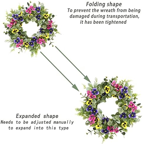 Artificial Spring Summer Wreath with Pansy Flowers,Flocked Lamb Ear Leaves,Eucalyptus Leaves,Fern Branches for Front Door Indoor Outdoor Farmhouse Wall Holiday Decor, White Gift Box Included - Image 7