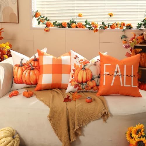TOYPOPOR Fall Decorations for Home, 4 Packs Double Sided Throw Pillow Covers, Buffalo Plaid Thanksgiving Front Porch Farmhouse Cushion Cases Indoor Outdoor Autumn Decor for Couch, Living Room 16x16 - Image 6