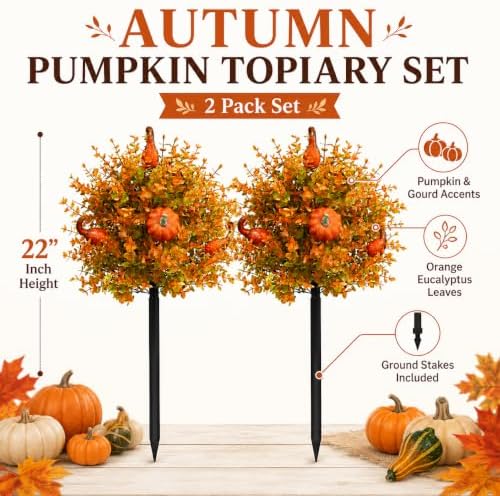 2 Pack Fall Pumpkin Topiary Trees with Stakes, 22 Inch (Orange) - Image 2