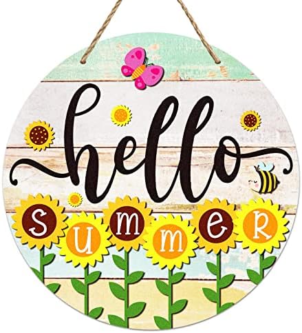 PETCEE Hello Summer Door Sign - 11.5"Farmhouse Sunflower Front Door Decor Welcome Hanger Wreaths for Home Office Summer Hanging Sign Wall Decorations Reusable Seasonal Sign for Kitchen Classroom Porch by PETCEE