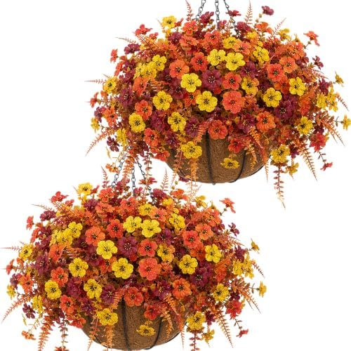 Jasion Artificial Fall Flowers Hanging Basket 2 Set Outdoor Planters by Jasion