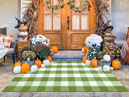 Washable 3'x5'Outdoor Rug Green White Checkered Farmhouse Front Door Mat by BUAGETUP