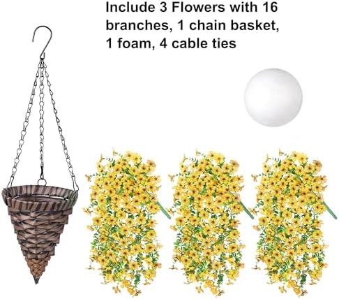 HyeFlora Artificial Hanging Flowers Basket for Outdoor, Fake Flowers Faux Plants Look Real for Yard Gardens Porch Patio Home (Yellow) - Image 2