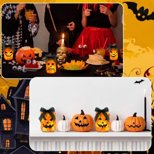 Qinyoung 12 Pcs Halloween Jack-o-lantern Crafts Pumpkin Mason Jars with LED - Image 4