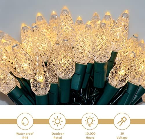 WATERGLIDE C6 Christmas Lights, 33ft 100 LED Faceted String Lights Green Wire Fairy Lights with 29V Safe Adaptor, 8 Lighting Mode, Waterproof for Indoor Outdoor Patio Xmas Tree Party Decor, Warm White - Image 4