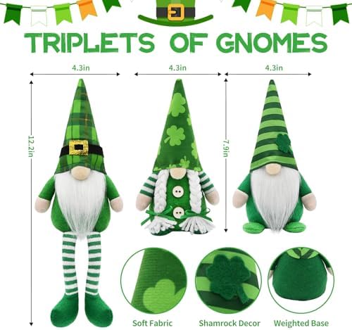 St Patricks Day Gnomes Decor Indoor, 3Pcs St Patricks Day Decorations Gnomes, Shamrock Decorations for Table, Tiered Tray Irish Home Decor Gnome Gifts - Image 2