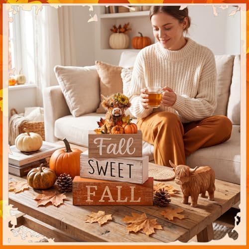 Moucuny 4 Pcs Fall Wooden Block Signs, Highland Cow Tiered Tray Farmhouse - Image 4
