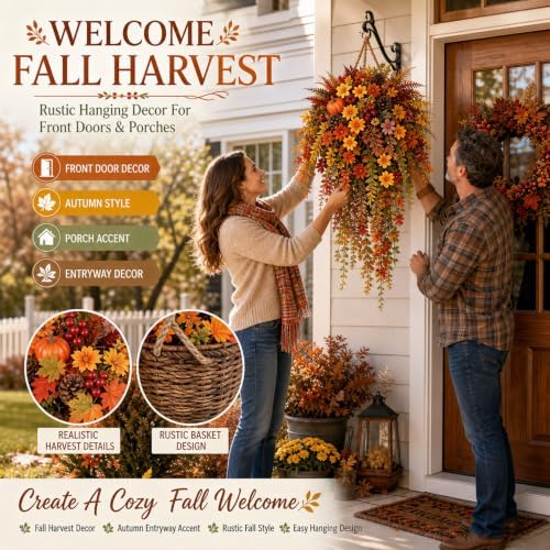 Artificial Fall Harvest Hanging Basket - Autumn Porch & Door Decoration, UV-Resistant Waterproof Faux Fall Flowers, for Doors, Porches, Mantels, Garden & Weddings (1PCS) - Image 2