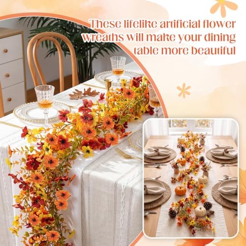 4 Pcs 6 ft Artificial Flowers Wisteria Garland Fake Hanging Wisteria Flowers Green Vines Garlands, Faux Flower Daisy with Eucalyptus Leaves for Garden Decor (Mixed 3 Orange) - Image 3