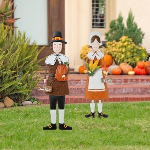 Glitzhome Thanksgiving Yard Stakes Metal Pilgrim Boy Yard Signs Hanging Wall Decors for Thanksgiving Fall Harvest Outdoor Decorations, 36" H - Image 3