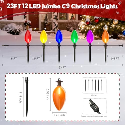 Outdoor Jumbo C9 Christmas Pathway Lights, 23FT Connectable Walkway Lights with 12 Multicolor LED Bulbs for Driveway Yard Lawn Garden - Image 5