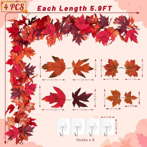 4Pack 23.6FT Red Maple Leaf Fall Garland for Thanksgiving Halloween Decor - Image 2