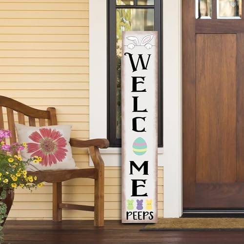 Easter Porch Sign Rabbit Front Door Hanging Decorations Wooden Vertical Indoor Outdoor Standing Welcome Signs For Home Yard Farmhouse Holiday Decor 47 x 7.8 inch by Xeubiou