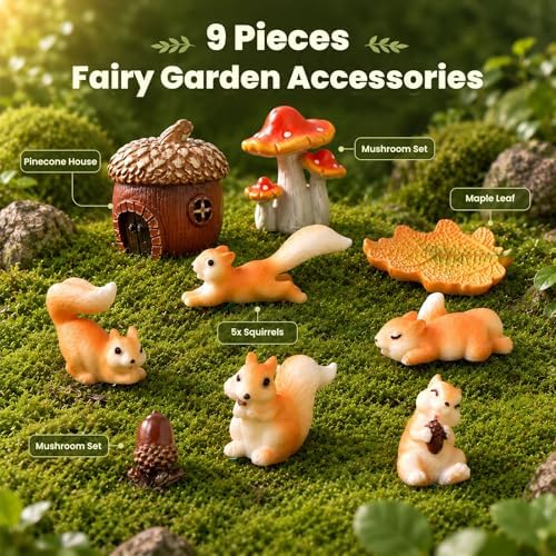Fairy Garden Accessories, 9 Pieces Squirrel Resin Figures with Pinecone House Mushroom Leaf, Handmade Miniature Decor, Garden Miniatures Decors for Outdoor Home, Perfect DIY Gift - Image 7