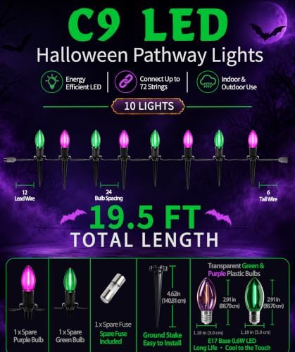 Halloween Pathway Lights with 10 Green and Purple C9 LED Stakes - Image 2