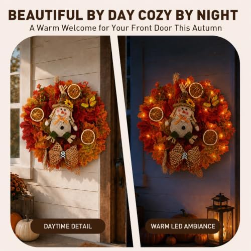 Lighted Scarecrow Fall Wreath for Front Door (L) - Image 5