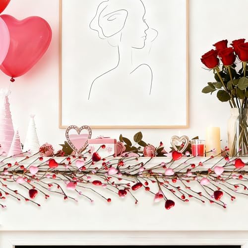 Valentines Day Garland, Pink Red Berry Heart Garland Valentines Day Decorations for Home, 5 Ft Valentine's Decor Centerpieces for Table Mantle Office Party Wedding Decor - Image 7